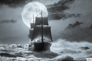 Ship in a storm with moon in the background