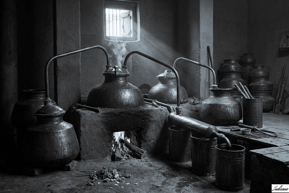 A monochrome photograph of traditional Deg Bhapka distillation apparatus in a rustic room, with large copper pots, curved tubes, a fire stove, and beams of light streaming through a window.