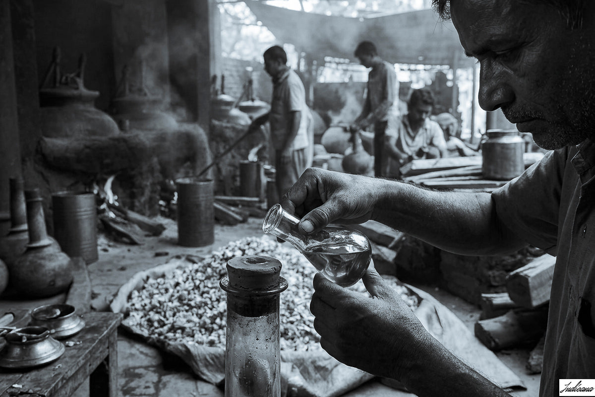 Black and white photograph of a man pouring essential oil from a small glass bottle into a larger bottle in a rustic workshop setting, with other workers and containers visible in the background.